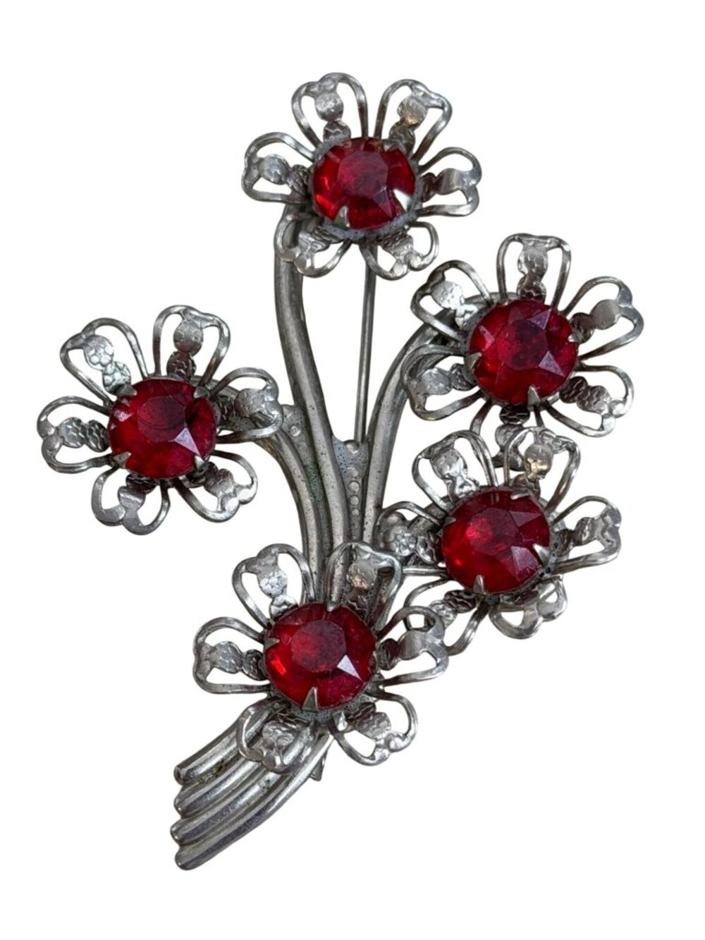 Vintage 1940s Silver Red Rhinestone Floral Spray Brooch 3"